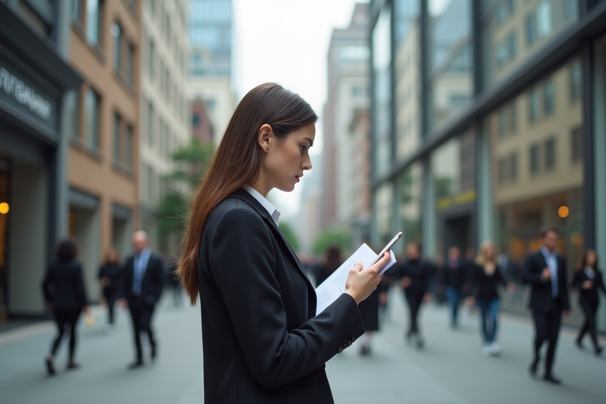 Jeune femme dans la rue urbaine avec dossier et téléphone