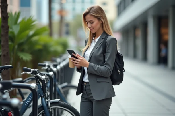 Jeune femme avec vélo en ville vérifiant son smartphone