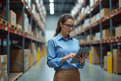Femme professionnelle vérifiant inventaire dans un entrepôt moderne