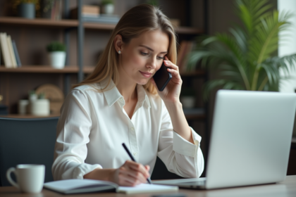 Femme en bureau moderne utilisant son ordinateur et téléphone