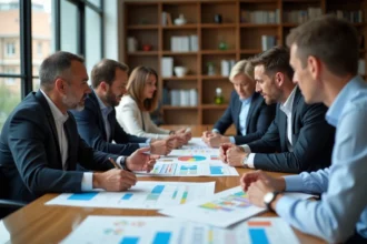 Groupe d'adultes en réunion avec plans et graphiques