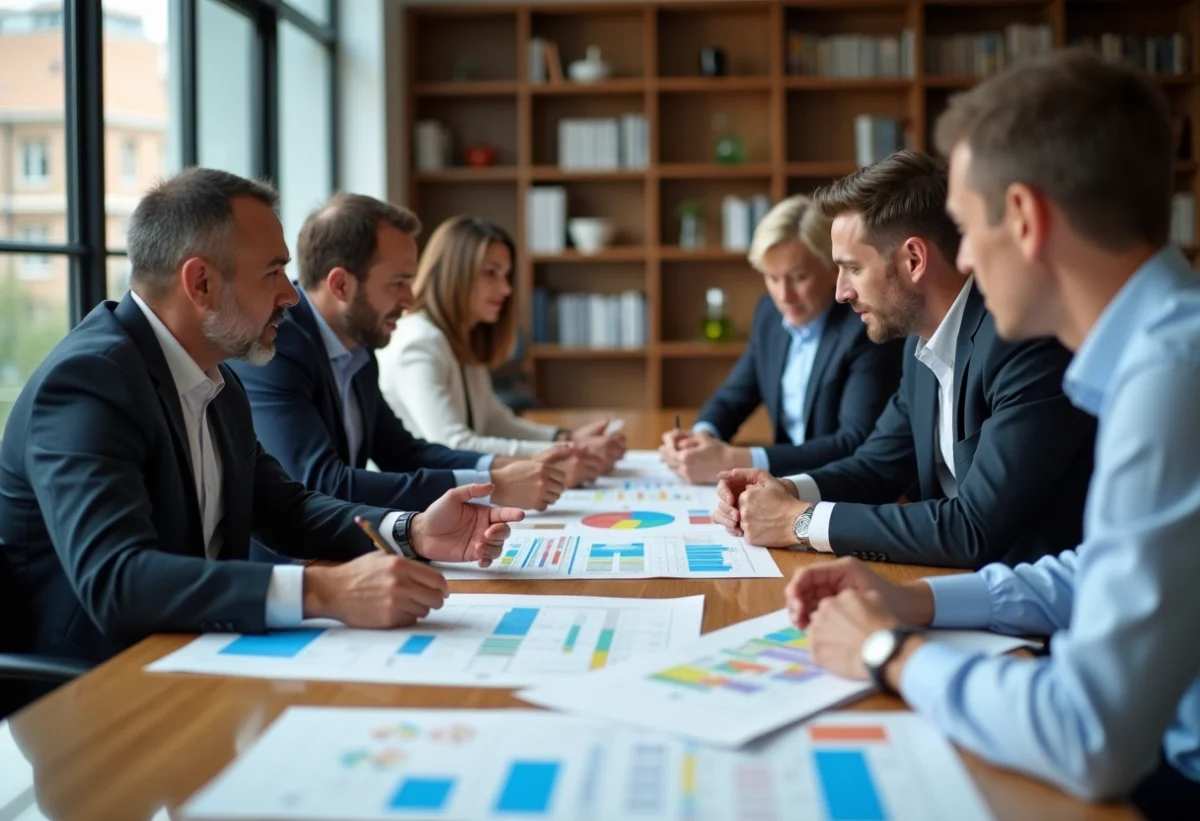 Groupe d'adultes en réunion avec plans et graphiques