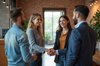 Groupe de quatre adultes saluant dans un bureau moderne