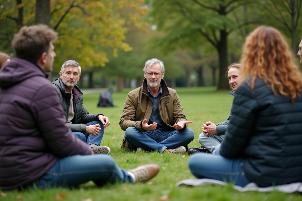 Groupe diversifié en coaching en plein air dans un parc