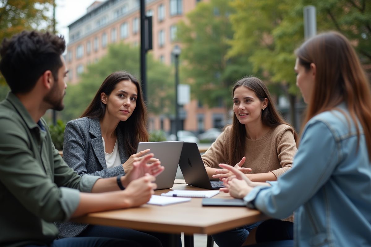 Jeunes discutant dans un café urbain