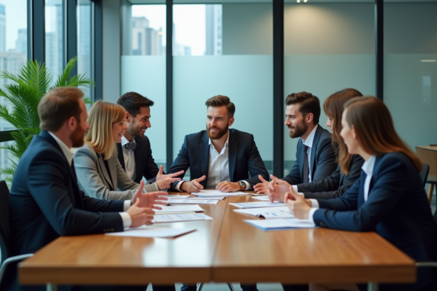Groupe de professionnels en réunion dans un bureau moderne