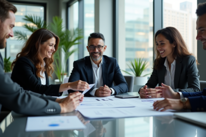 Groupe de professionnels en réunion dans un bureau moderne