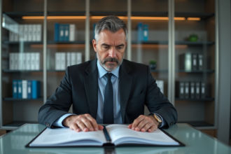 Homme d'affaires en costume noir examine un dossier