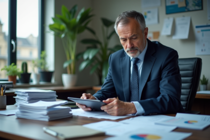 Homme d'affaires français en costume bleu analysant des documents