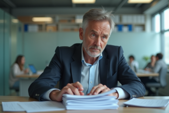 Homme d'affaires pensif au bureau avec documents