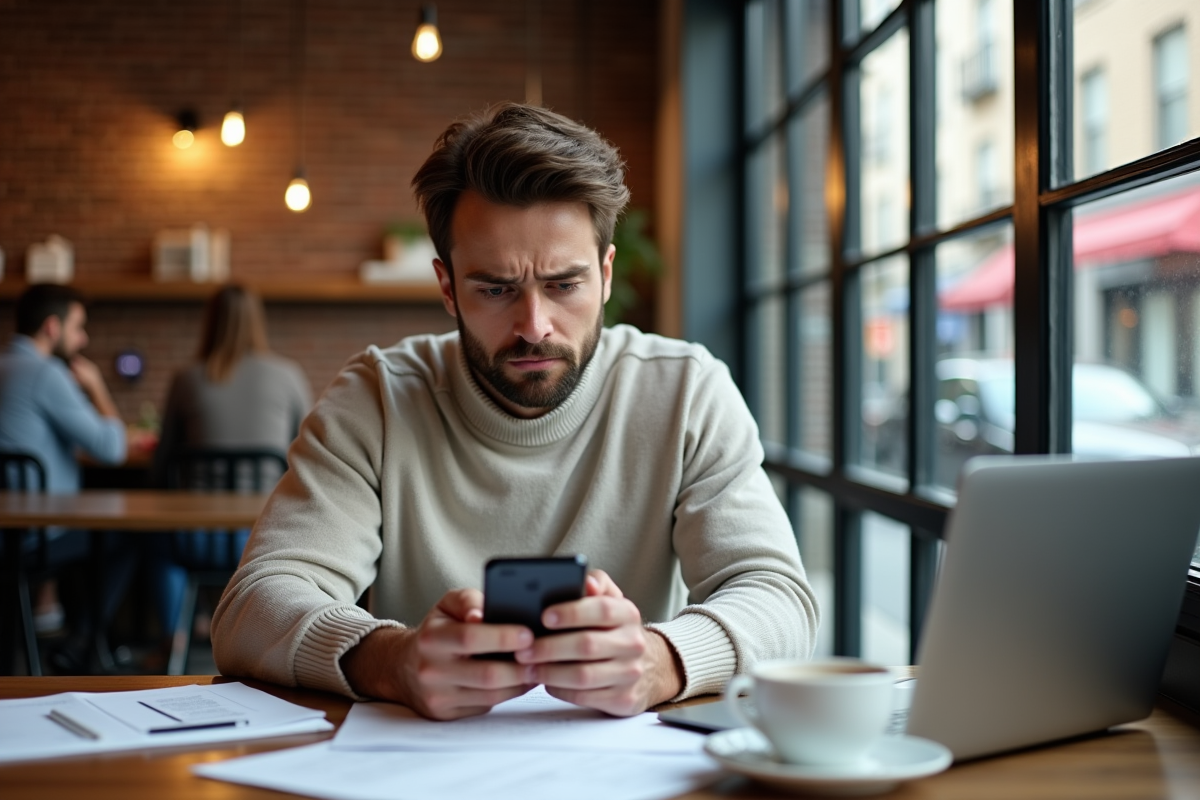 Homme détendu lisant une politique de confidentialité au café