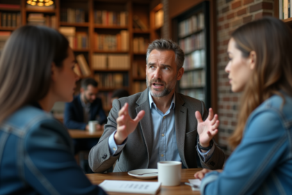 Homme d'âge moyen dans un café urbain expliquant avec assurance