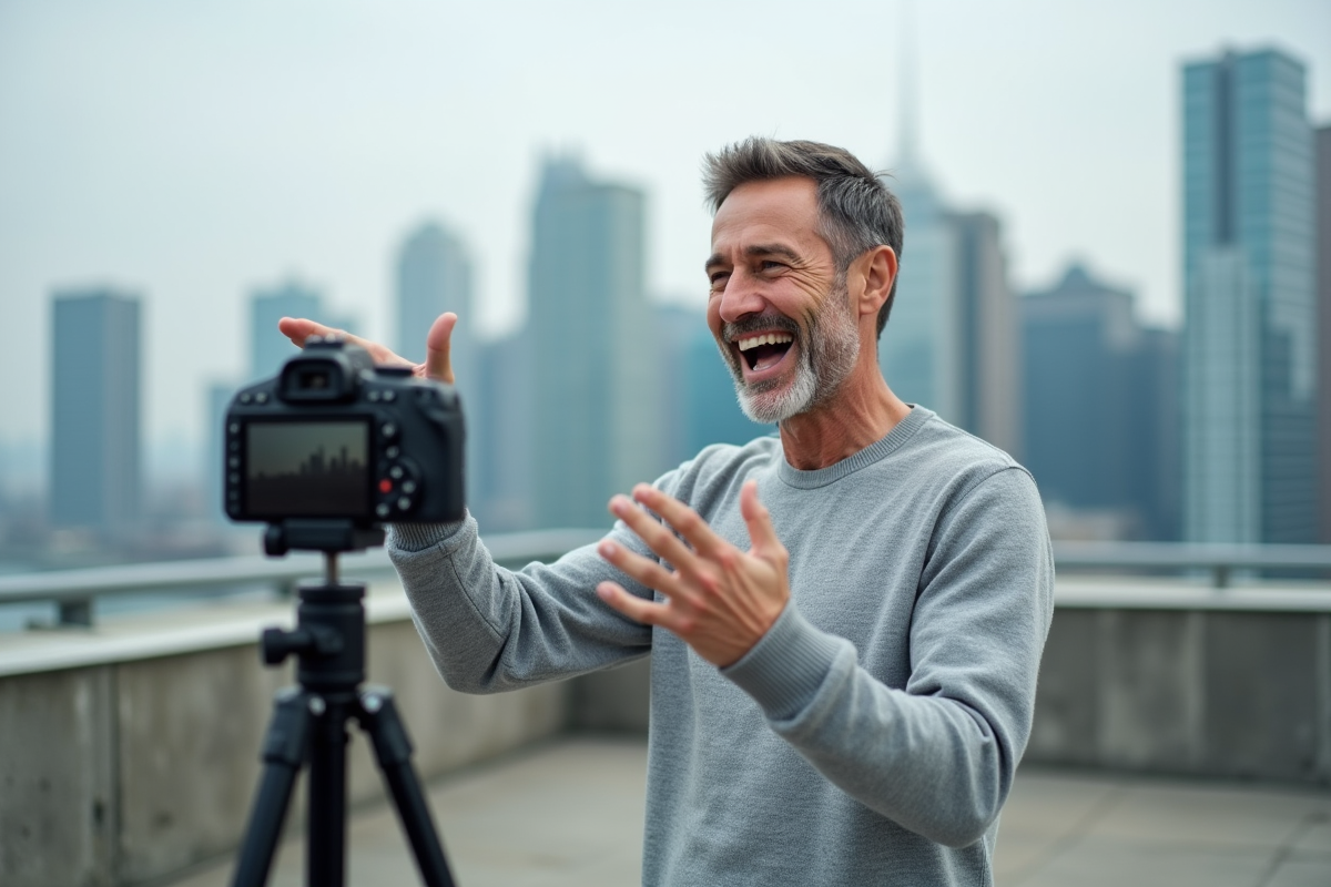 Homme en sweat gris filme une video en extérieur sur un toit