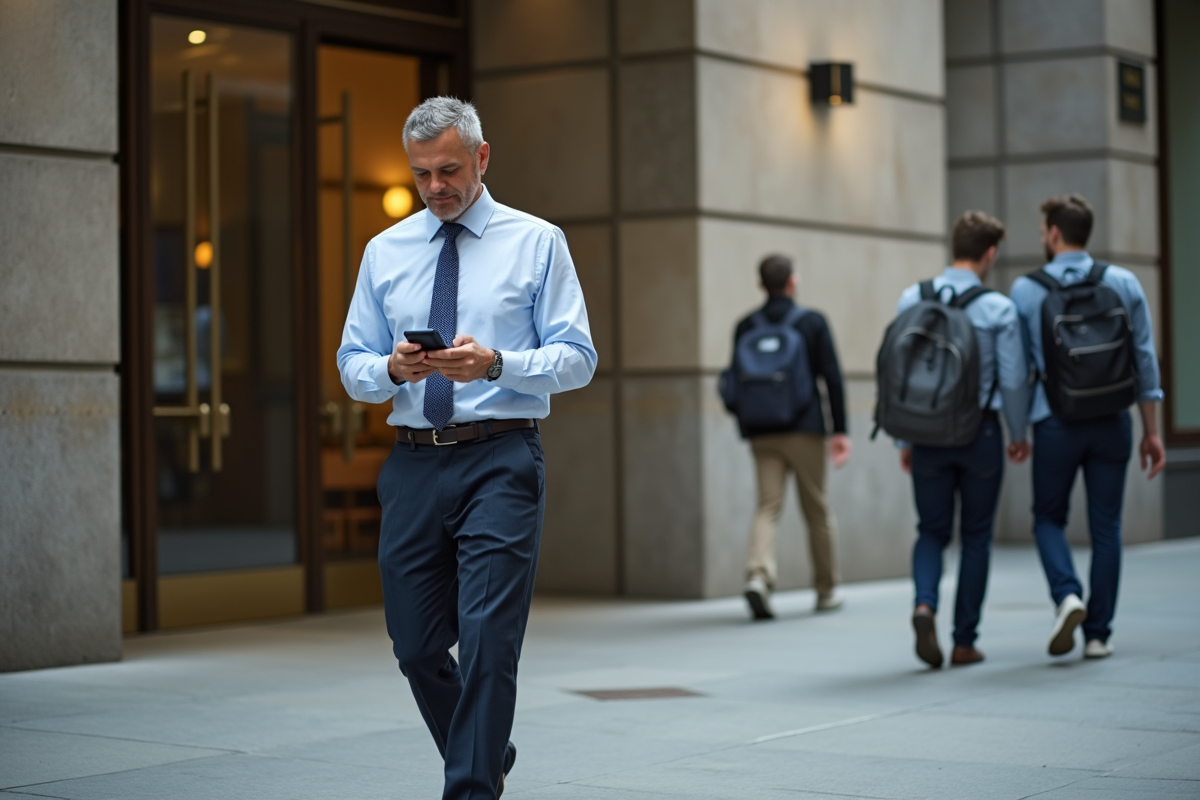 Homme d affaires marchant vers l entrée d un immeuble