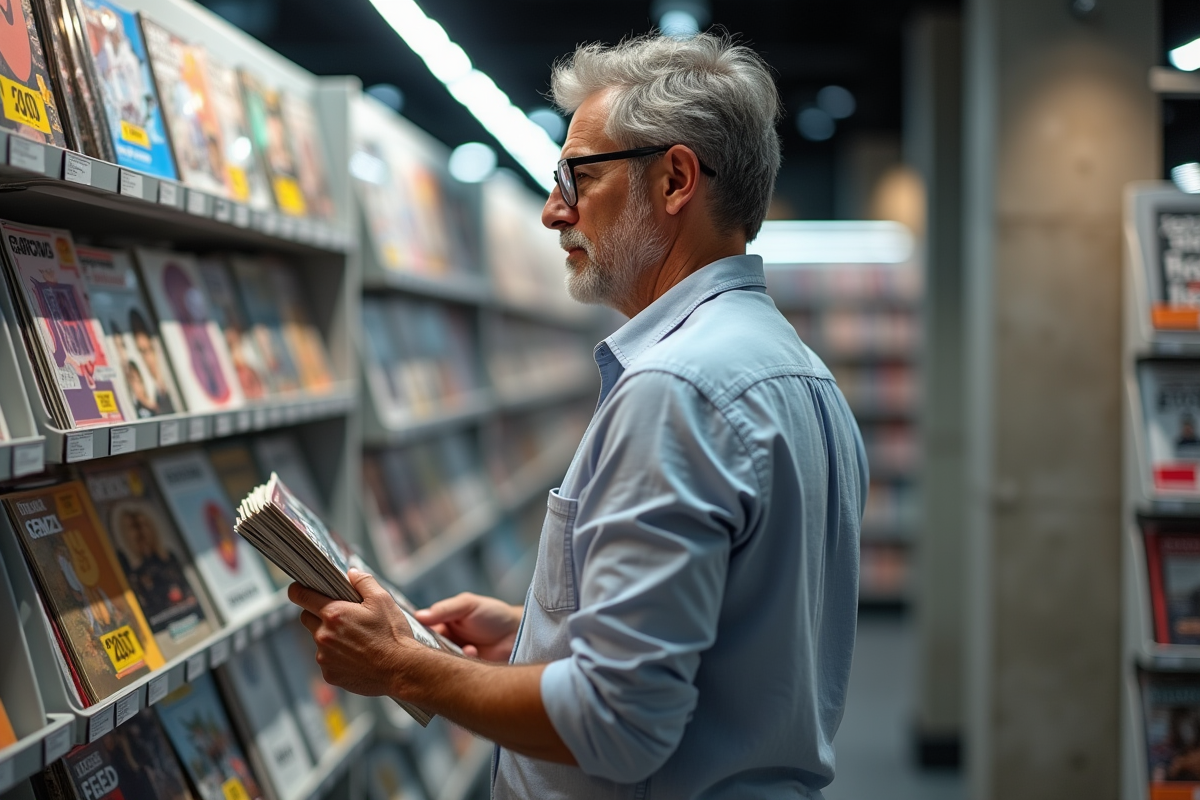 Homme d age regarde magazines au stand de presse