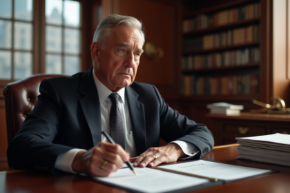 Politicien homme en costume sombre dans un bureau officiel