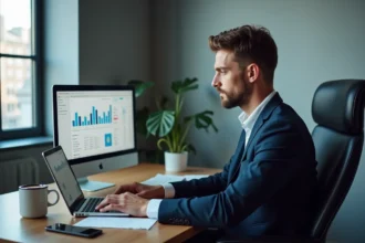 Jeune homme en costume analyse des données SEO au bureau