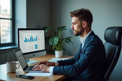 Jeune homme en costume analyse des données SEO au bureau