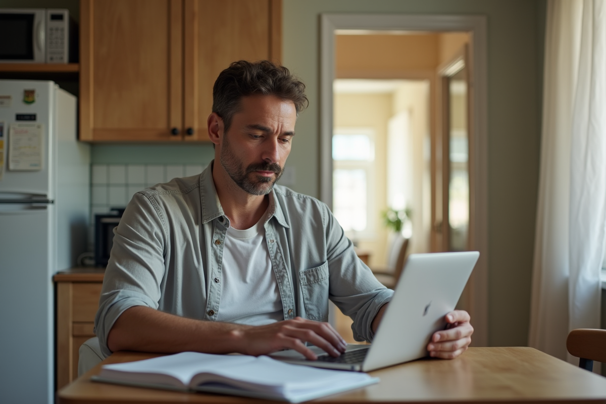 Homme travaillant à la maison dans la cuisine