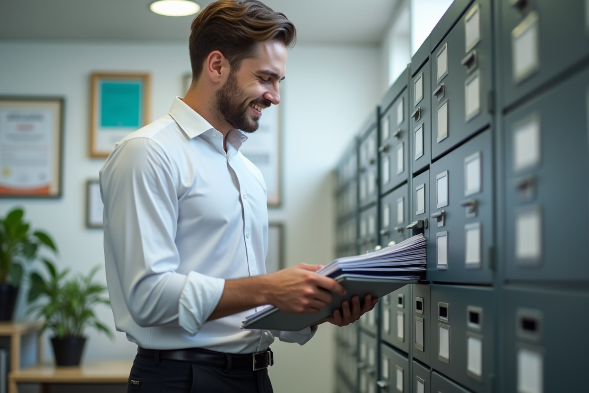 Jeune homme classant des papiers dans un classeur en bureau lumineux