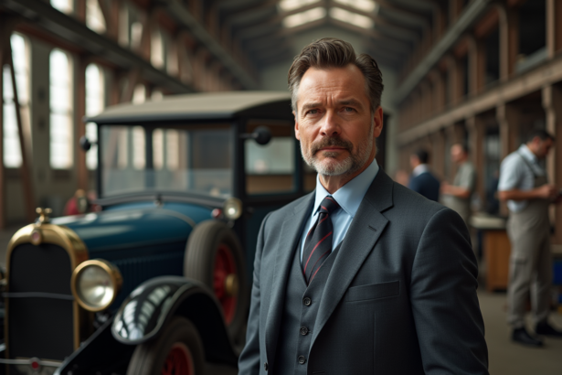 Homme d'âge moyen en costume à côté d'une voiture ancienne dans une usine historique