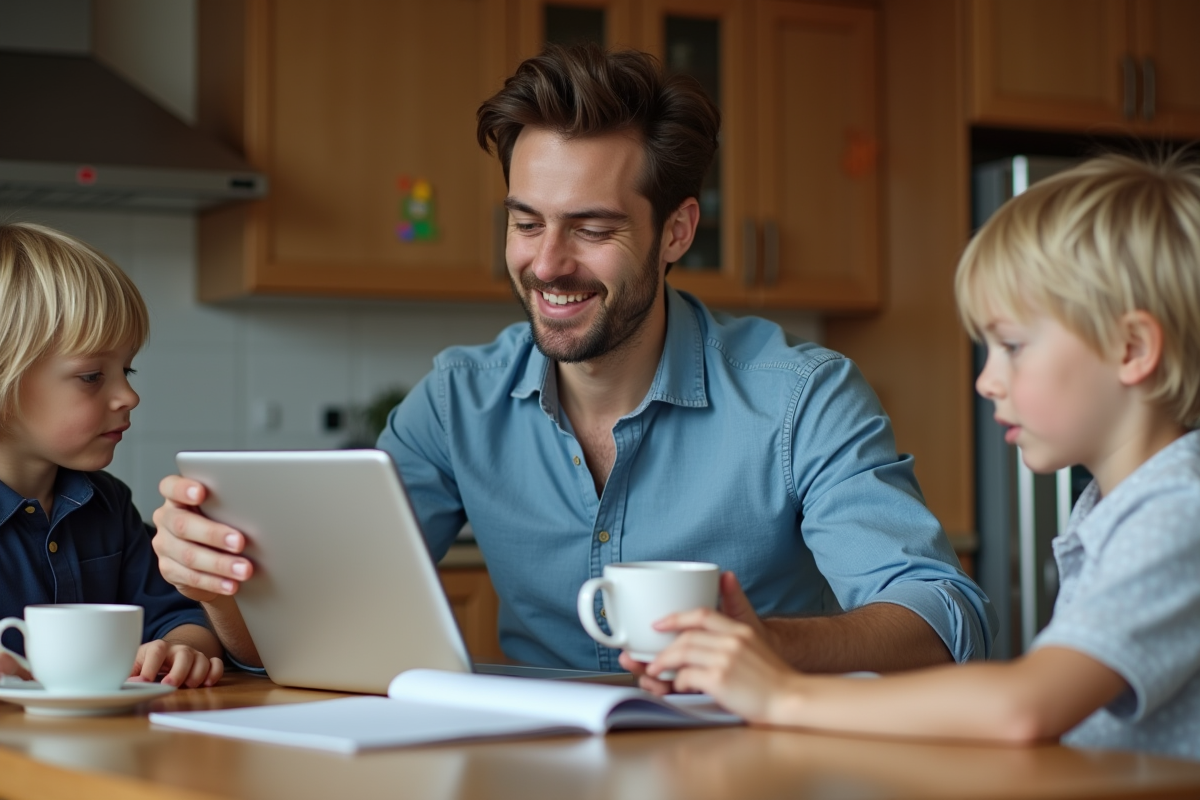 Homme aidant son enfant dans une cuisine chaleureuse