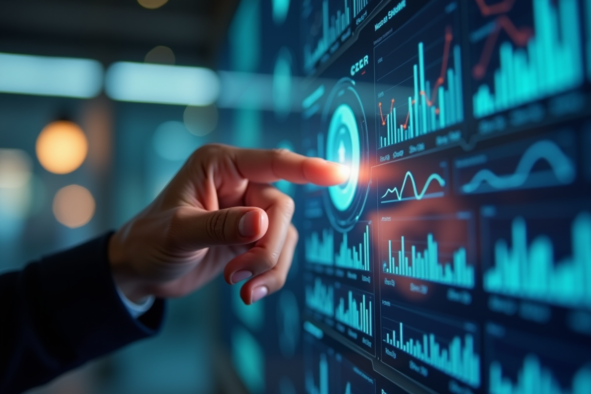 Main interagissant avec un tableau de bord analytique numérique