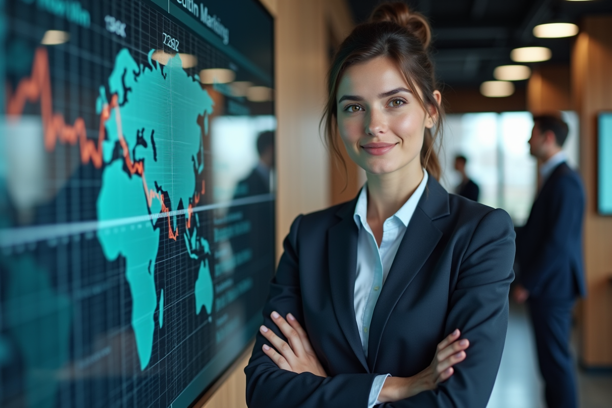 Jeune femme marketing devant un écran digital interactif