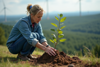 Femme plantant un jeune arbre dans la terre riche