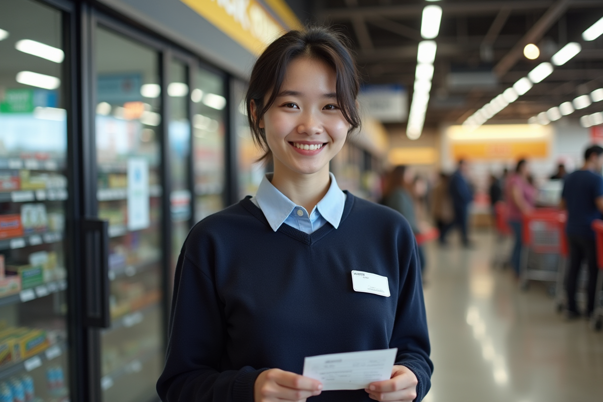 Jeune femme avec fiche de paie dans un supermarche