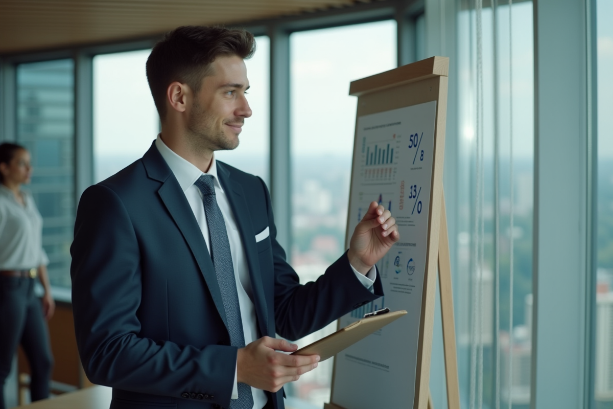Jeune homme en costume présentant un graphique de pourcentages