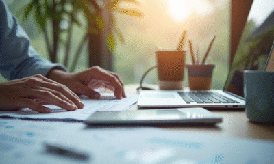 Jeune professionnel travaillant avec documents financiers et ordinateur