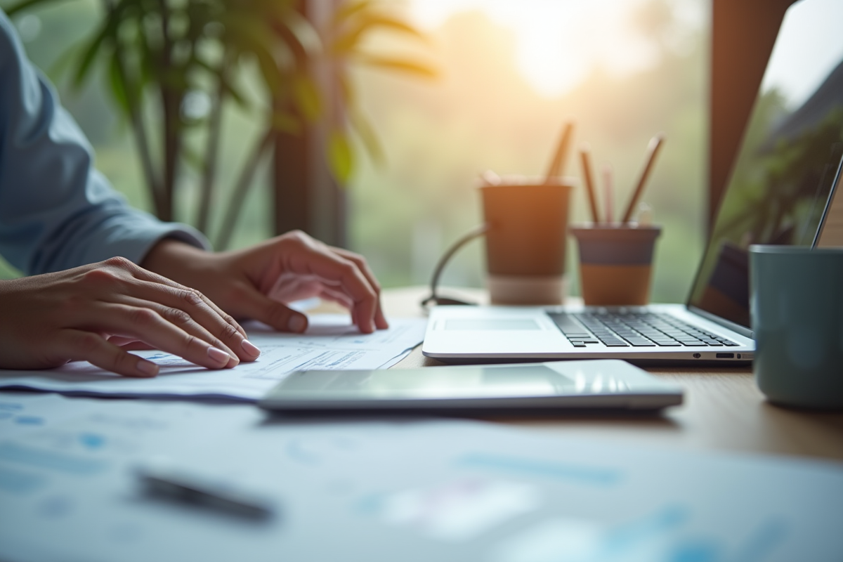 Jeune professionnel travaillant avec documents financiers et ordinateur