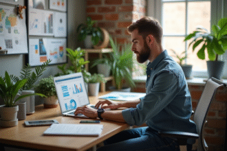 Jeune homme en analyse de graphiques marketing dans un bureau moderne