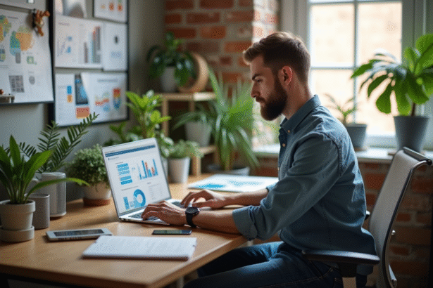 Jeune homme en analyse de graphiques marketing dans un bureau moderne