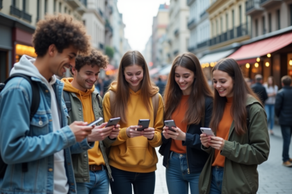 Groupe de jeunes adultes souriants avec smartphones en ville