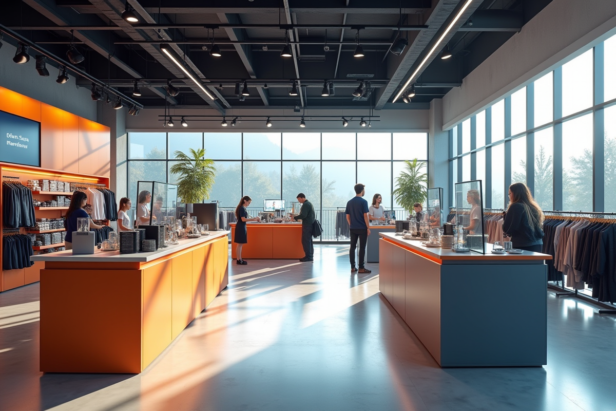 Intérieur moderne d'un magasin de détail avec des présentoirs colorés