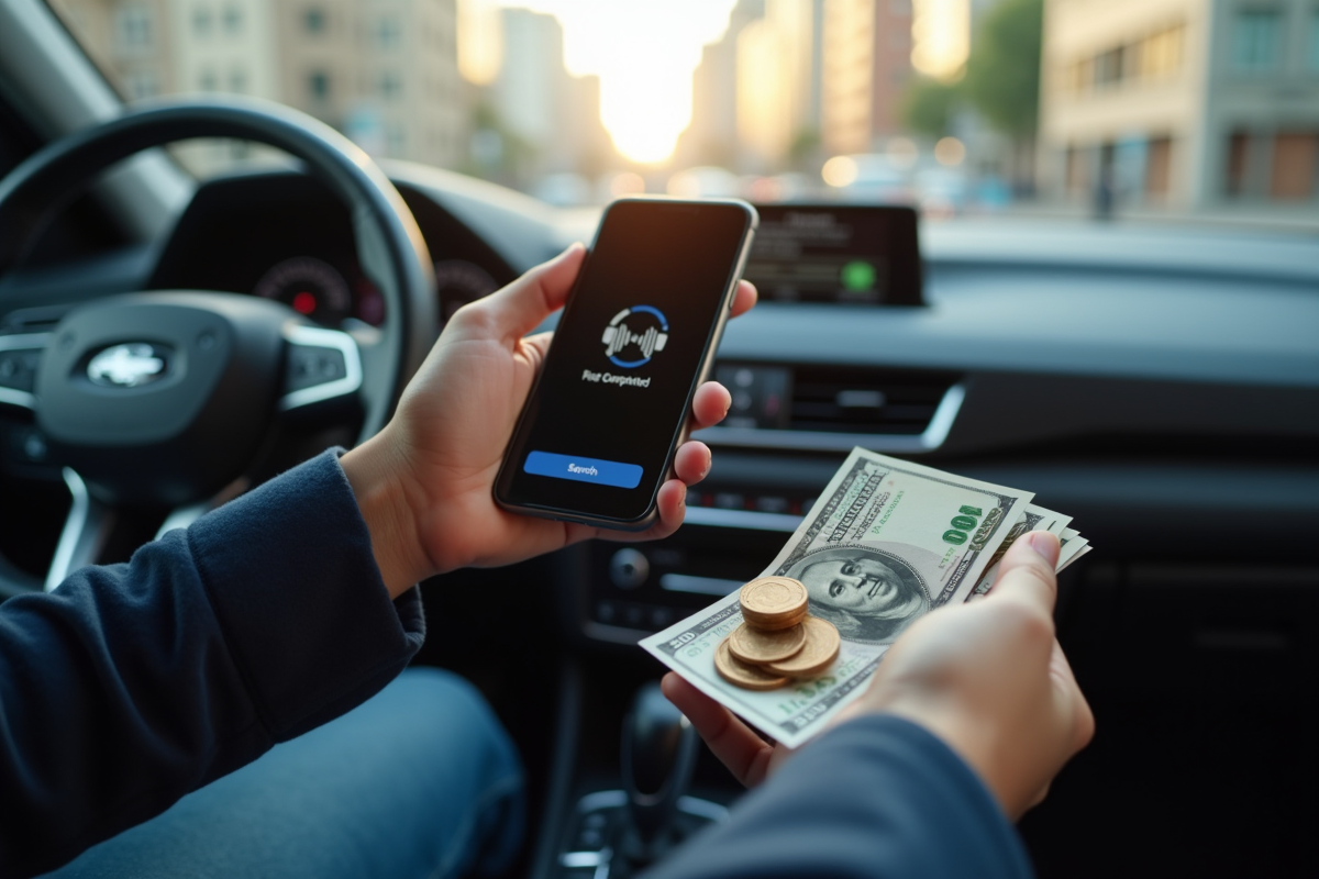 Main du chauffeur avec smartphone montrant une application de course payée dans une voiture haut de gamme