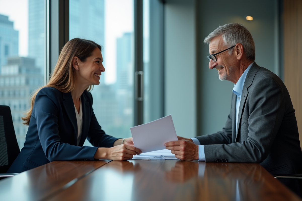 Deux professionnels en réunion dans un bureau moderne