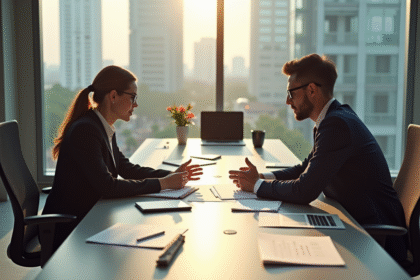 Deux professionnels discutent de documents officiels avec tampons d'exemption