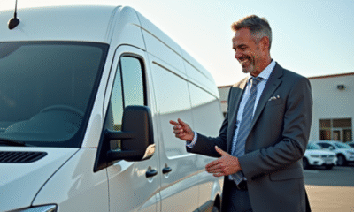 Vendeur souriant inspectant une camionnette blanche d'occasion